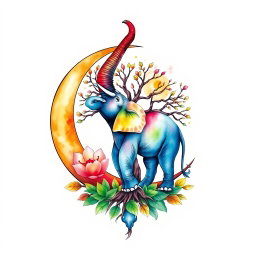 A unique watercolor tattoo design featuring a crescent moon containing a colorful elephant