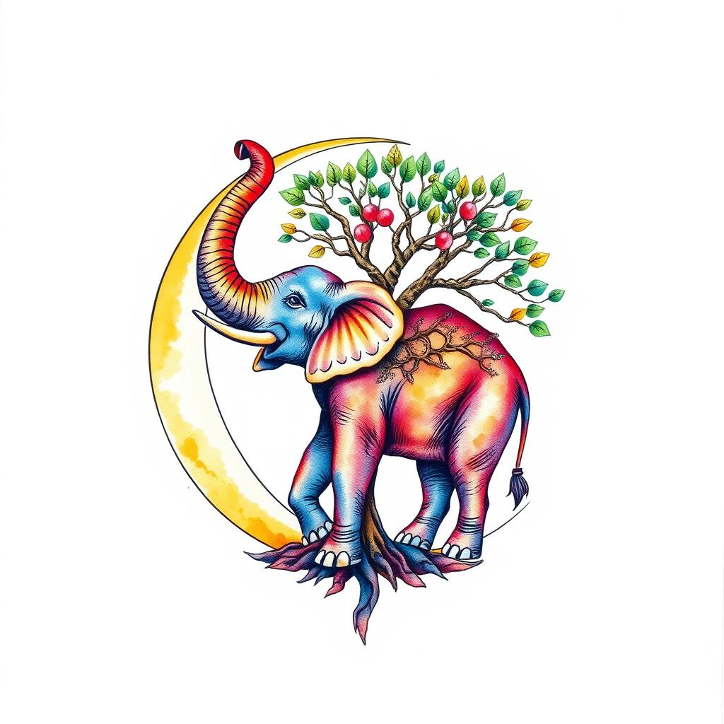 A unique watercolor tattoo design featuring a crescent moon containing a colorful elephant