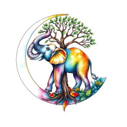 A unique watercolor tattoo design featuring a crescent moon containing a colorful elephant