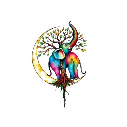 A unique watercolor tattoo design featuring a crescent moon containing a colorful elephant