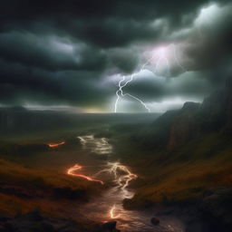 Interpret a hyper-realistic apocalyptic scene of a mystical hill under a thunderous sky. A hidden mythical creature emerges amongst the lightning. A river violently courses through the terrain under epic rainfall.