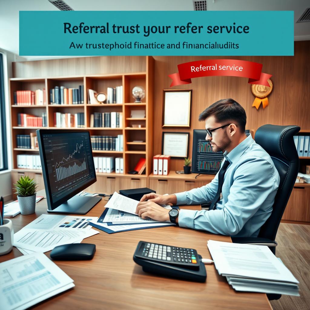 A visually appealing representation of a modern office setting dedicated to financial services, showcasing a professional accountant working diligently at a desk