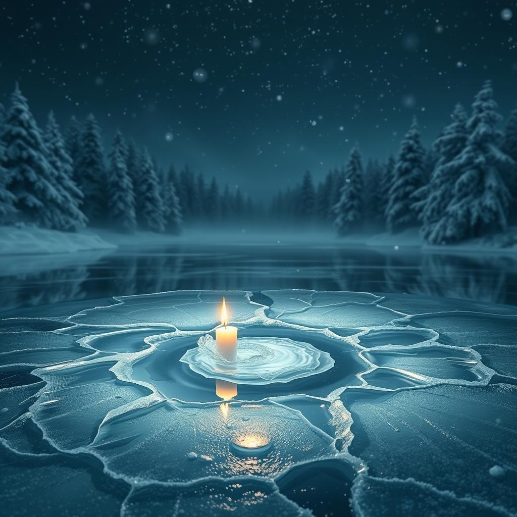 A mystical scene depicting a brightly burning candle submerged in a frozen lake, with a thick layer of ice enveloping it