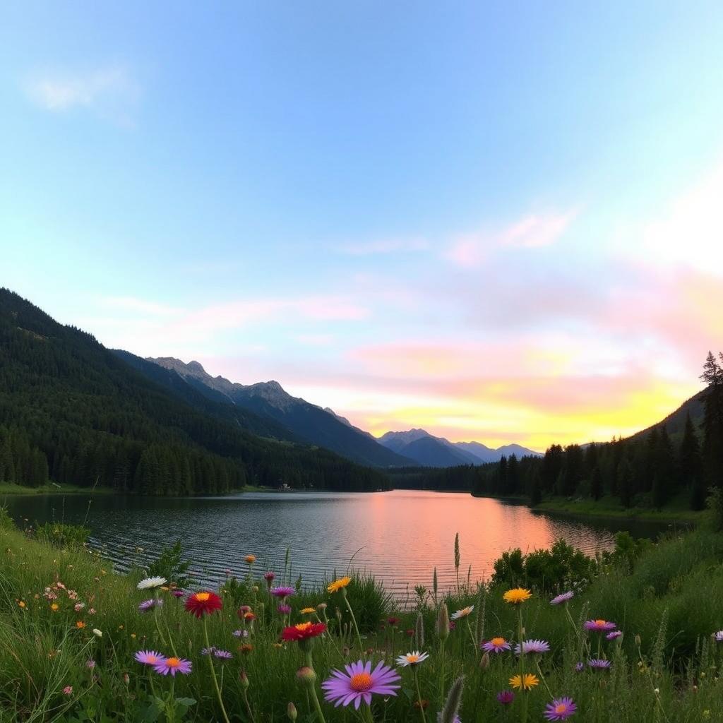A panoramic landscape with a serene lake surrounded by lush green forests and majestic mountains in the background