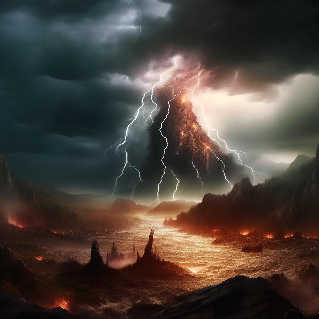 Interpret a hyper-realistic apocalyptic scene of a mystical hill under a thunderous sky. A hidden mythical creature emerges amongst the lightning. A river violently courses through the terrain under epic rainfall.