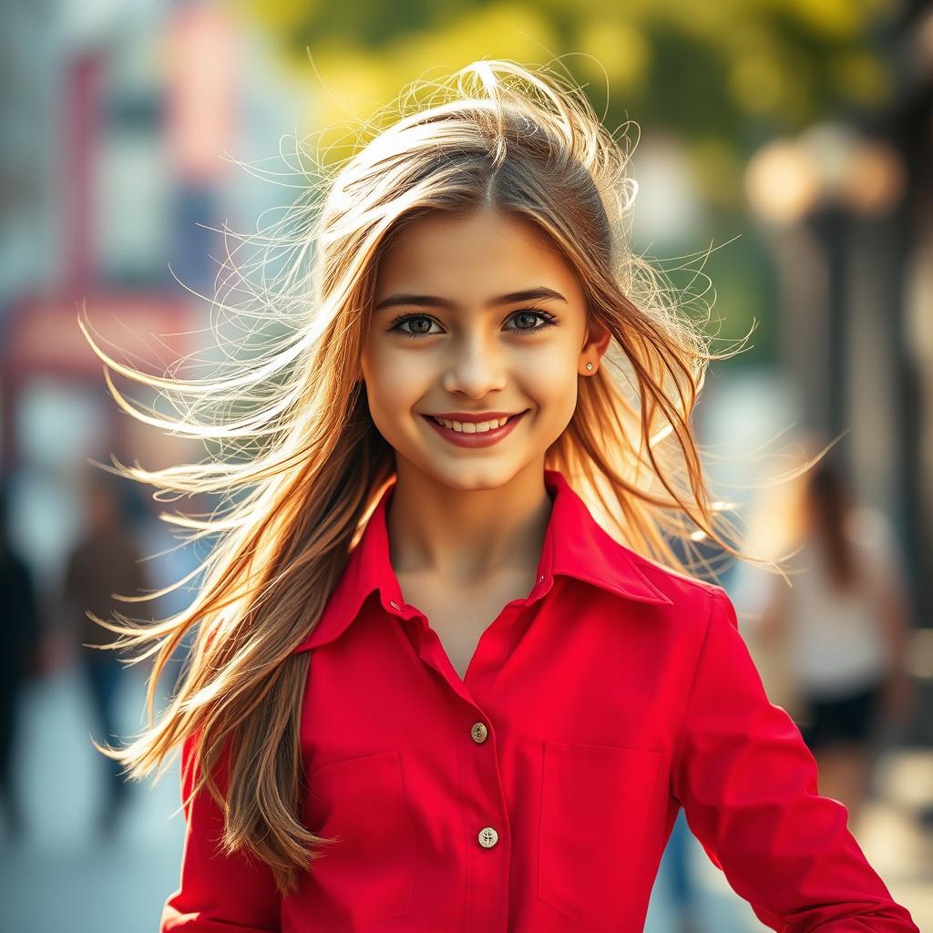 A stylish girl wearing a vibrant red shirt, with a confident stance