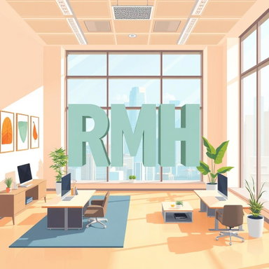Vibrant Office Illustration Featuring 'RMH' - Modern Work Environment ...