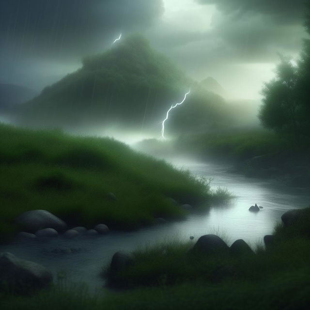 Remodel into a hyper-realistic serene scene of a mystical hill; a mythical creature subtly hides among gentle lightning flashes. A peaceful river flows under soft rainfall, set against the tranquil backdrop of greenery and fog.