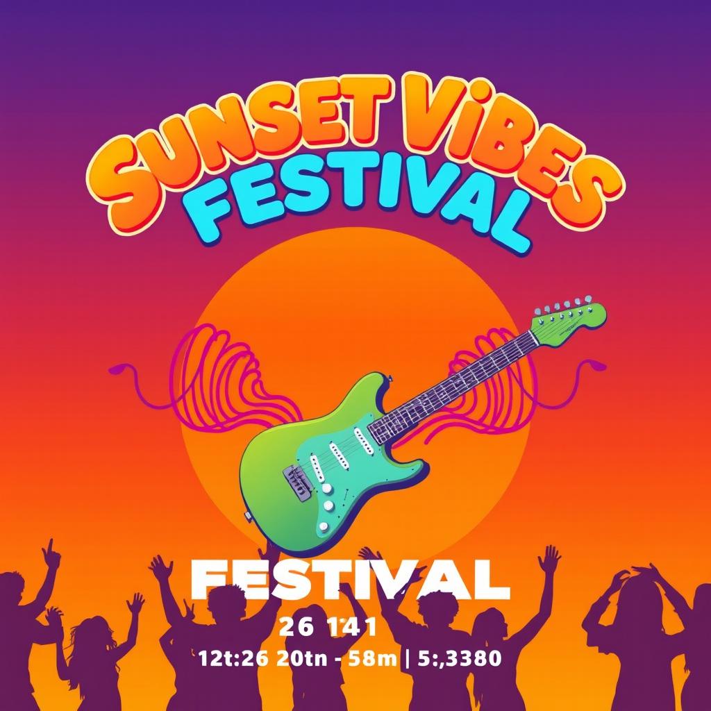 A vibrant and eye-catching poster design for a fictional music festival, featuring an electric guitar and vibrant sound waves emanating from it