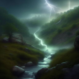 Remodel into a hyper-realistic serene scene of a mystical hill; a mythical creature subtly hides among gentle lightning flashes. A peaceful river flows under soft rainfall, set against the tranquil backdrop of greenery and fog.