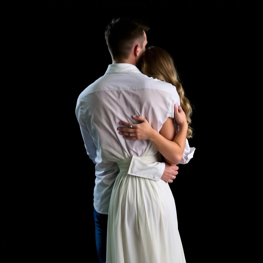 A scene featuring a 35-year-old man embracing an 18-year-old woman from behind, gently wrapping his arms around her waist