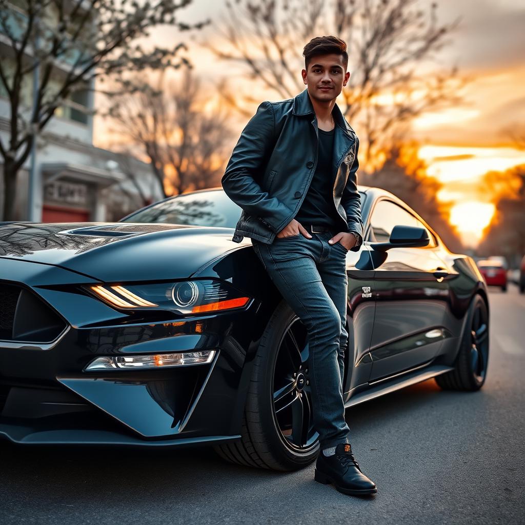 A stylish young man casually leaning against a modern Ford Mustang in a city setting, showcasing a vibrant urban atmosphere