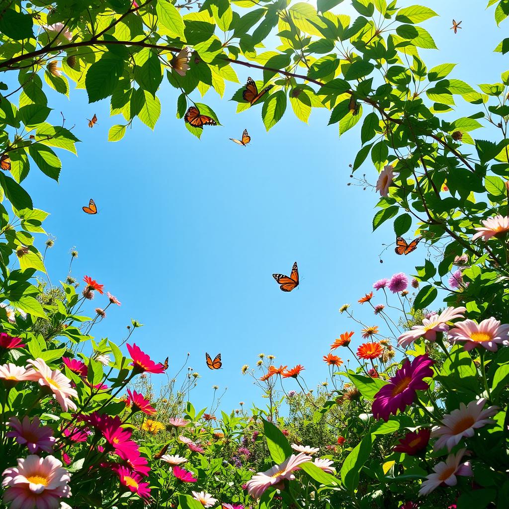 A serene nature scene filled with lush greenery, vibrant flowers, and a clear blue sky