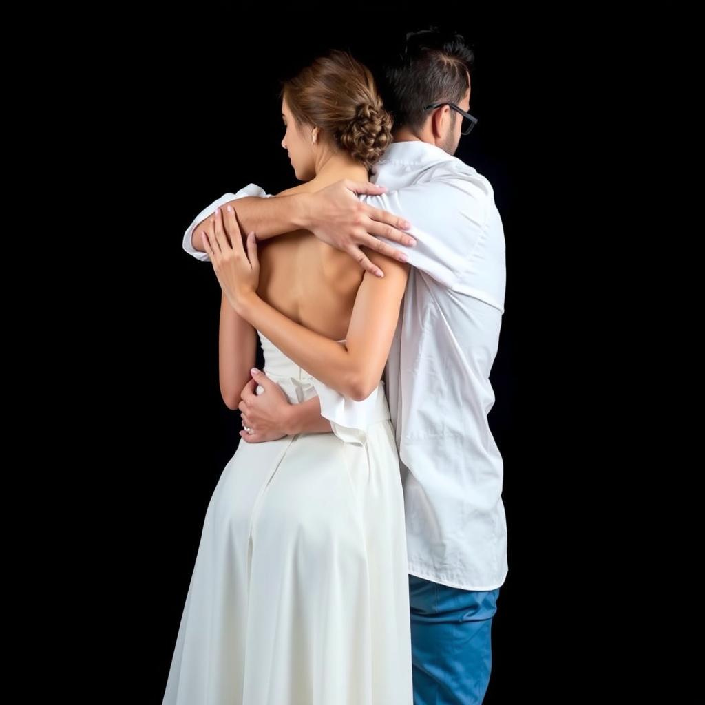 A scene featuring a 35-year-old man embracing an 18-year-old woman from behind, wrapping his arms around her waist in a tender manner