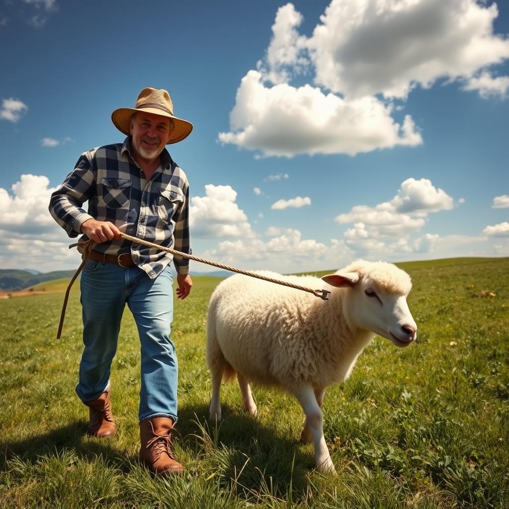 A man with a determined expression pulling a sheep with a rope on a lush green meadow