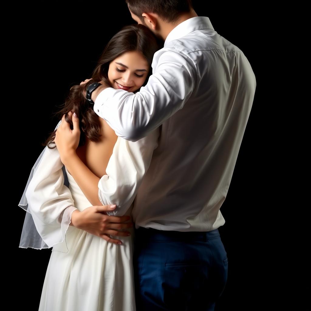 A scene depicting a 35-year-old man embracing an 18-year-old woman from behind, his arms wrapped around her waist in a protective manner