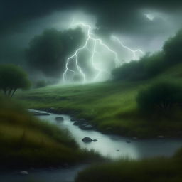 Remodel into a hyper-realistic serene scene of a mystical hill; a mythical creature subtly hides among gentle lightning flashes. A peaceful river flows under soft rainfall, set against the tranquil backdrop of greenery and fog.