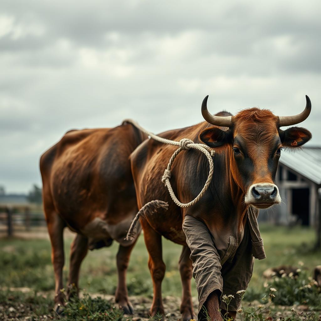 A sad man with a forlorn expression, wearing tattered clothes, is pulling a large, gentle cow with a sturdy rope