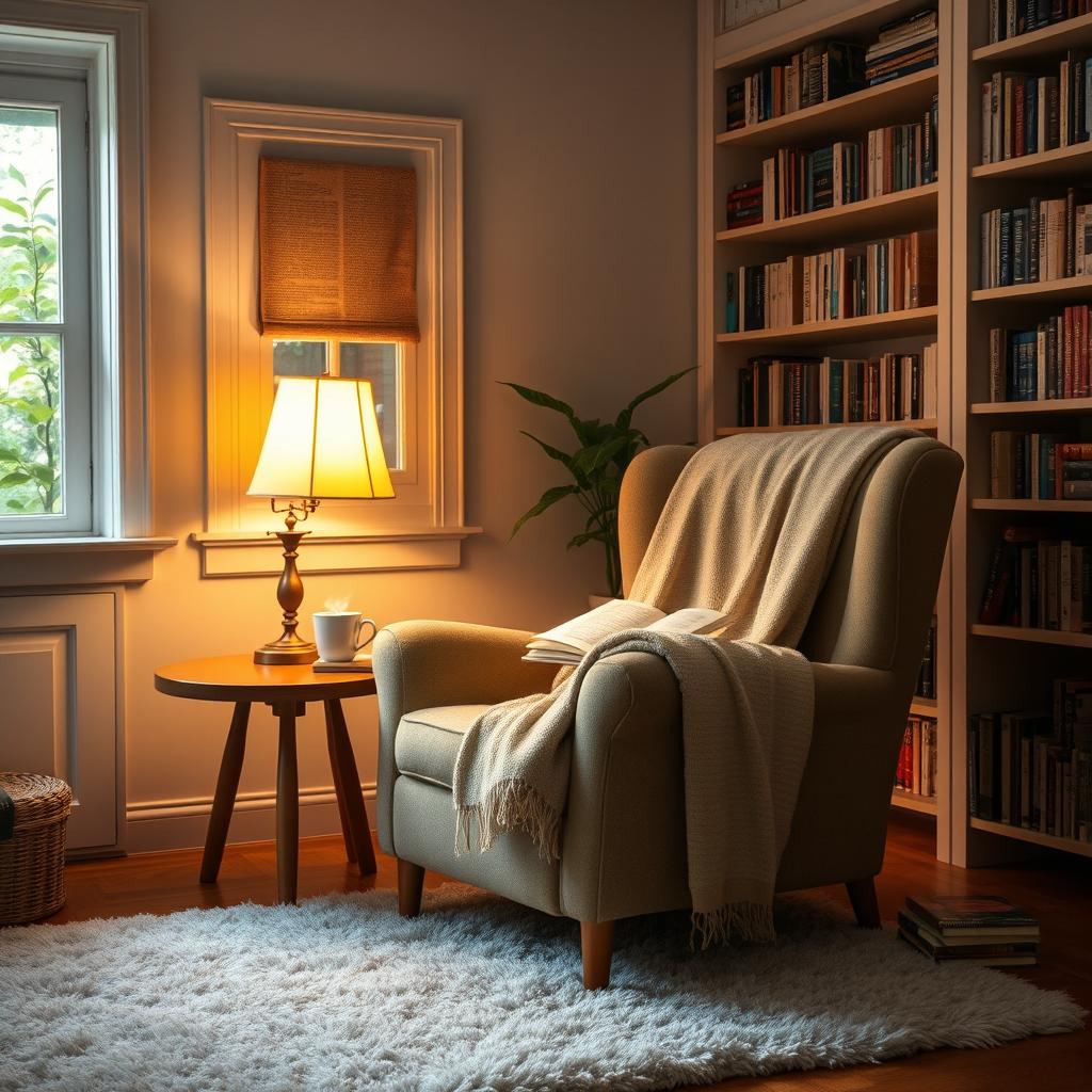 A cozy reading room featuring a large, comfortable armchair with a soft throw blanket draped over it