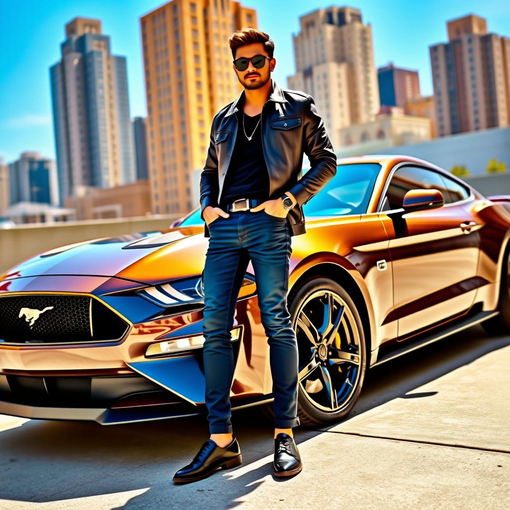 A stylish person standing confidently next to a sleek, modern Mustang sports car