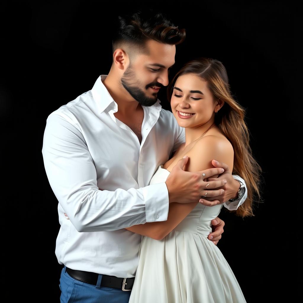A captivating scene featuring a very handsome 35-year-old man embracing an 18-year-old woman by wrapping his arms around her waist