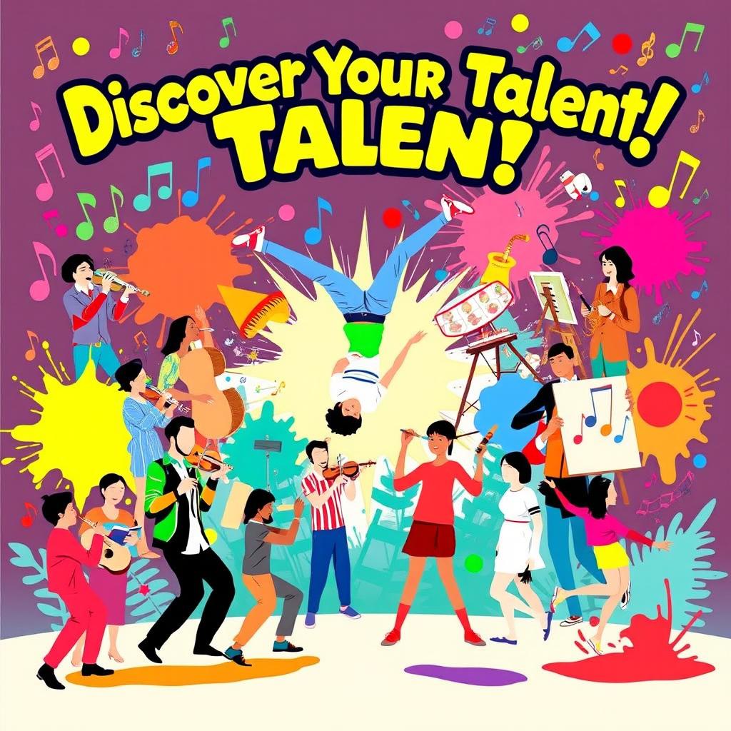 A vibrant and engaging talent discovery poster featuring a diverse group of individuals showcasing their unique skills and talents