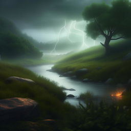 Remodel into a hyper-realistic serene scene of a mystical hill; a mythical creature subtly hides among gentle lightning flashes. A peaceful river flows under soft rainfall, set against the tranquil backdrop of greenery and fog.