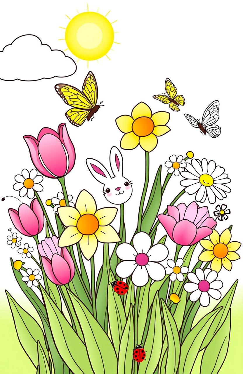 Whimsical Spring Flowers Coloring Page