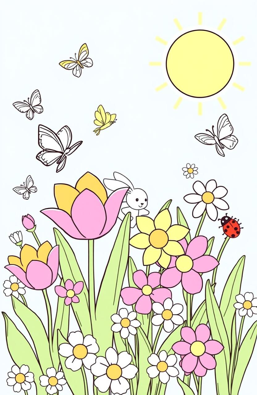 A whimsical spring-themed coloring book page featuring a variety of vibrant spring flowers, including tulips, daffodils, and daisies, with butterflies fluttering around them and a bright sun shining in a blue sky
