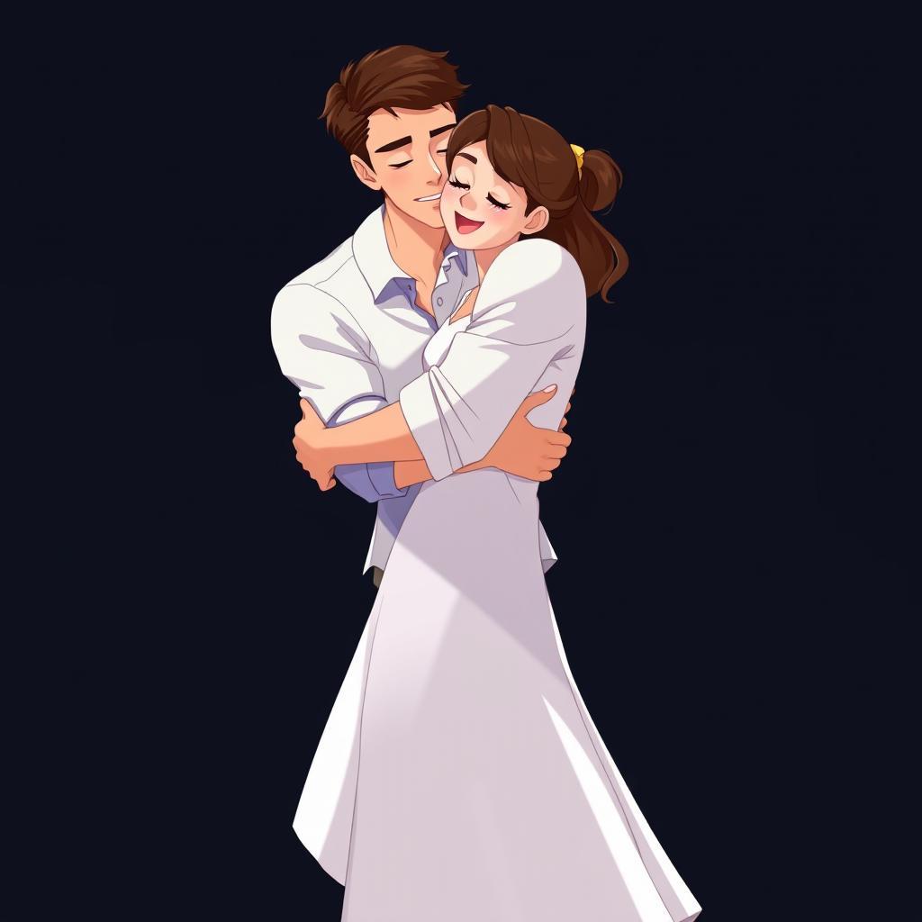 An animated scene featuring an attractive 35-year-old man and an 18-year-old woman embracing each other lovingly