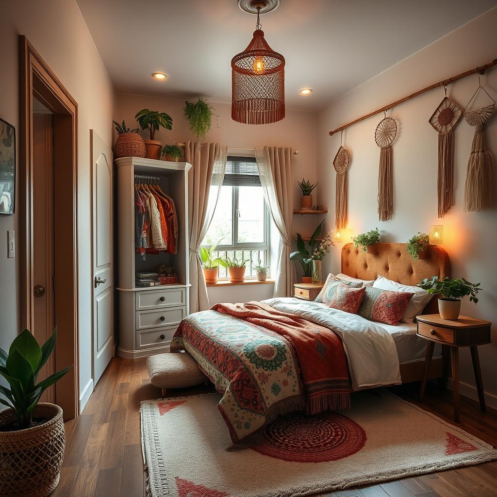 A beautifully designed small bedroom with bohemian style, measuring 4x4 meters, featuring a comfortable bed with colorful and patterned bedding, an elegant wardrobe for clothes storage, and a cohesive arrangement that maximizes the cozy space
