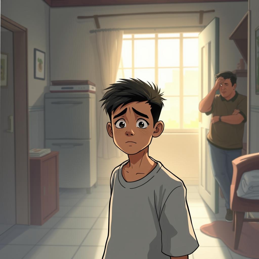 A poignant scene illustrating a young man named Aldi, looking downcast and anxious, standing in a modest rental home