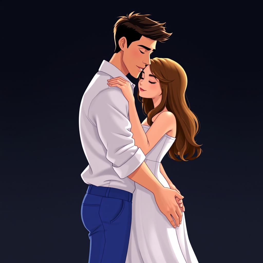 An animated scene depicting a handsome 35-year-old man and an 18-year-old woman embracing each other lovingly