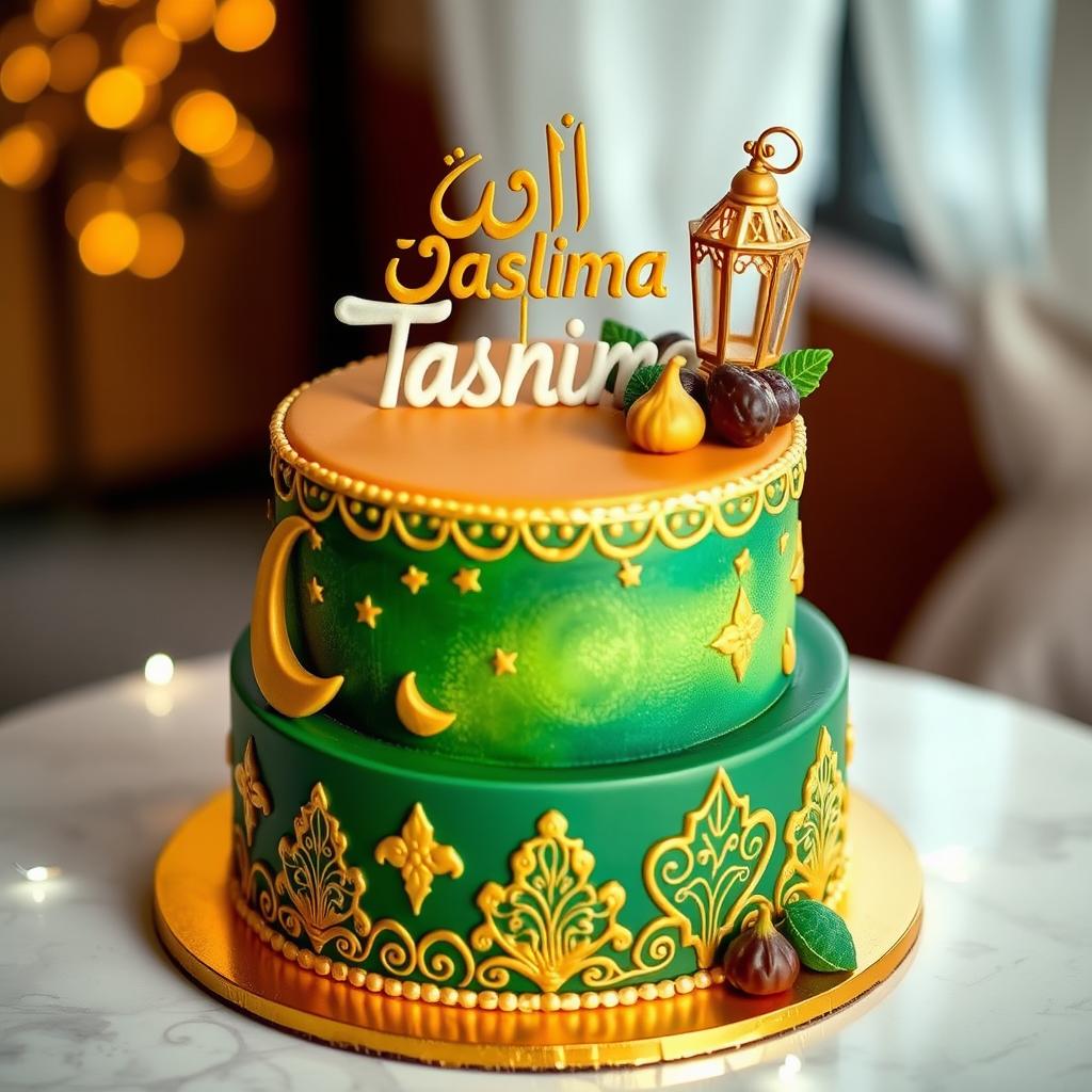 A beautifully designed Ramadan-themed birthday cake for a girl named Tasneem