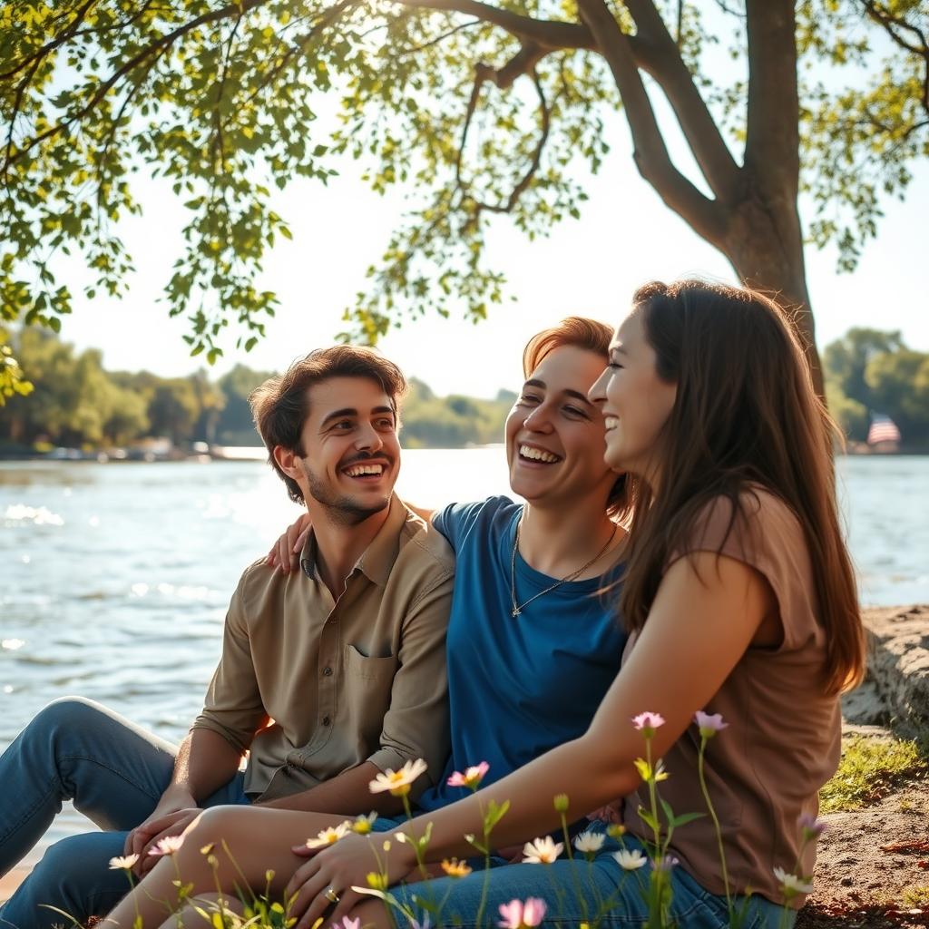 Two friends sitting together near a peaceful riverbank, sharing laughs and enjoying the beautiful scenery