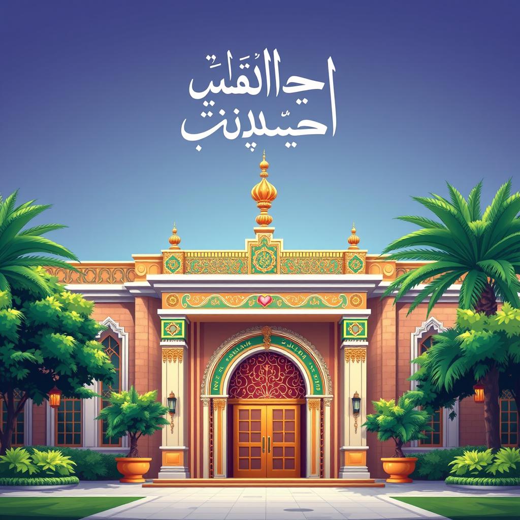 A beautiful digital illustration of the front facade of the Umayyad University, showcasing its stunning architecture, vibrant colors, and intricate details