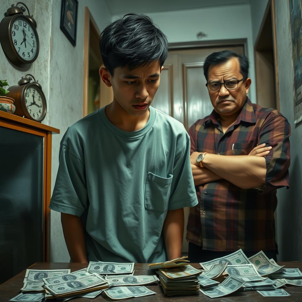 A young man named Aldi, visibly anxious and overwhelmed, standing in a small, modest rental home