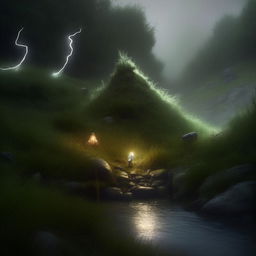 A hyper-realistic tranquil scene of a mystical hill; a mythical creature subtly hides. Sparkling lightning gently illuminate a gnome drinking from the peaceful river under soft rainfall, surrounded by lush greenery and mist.