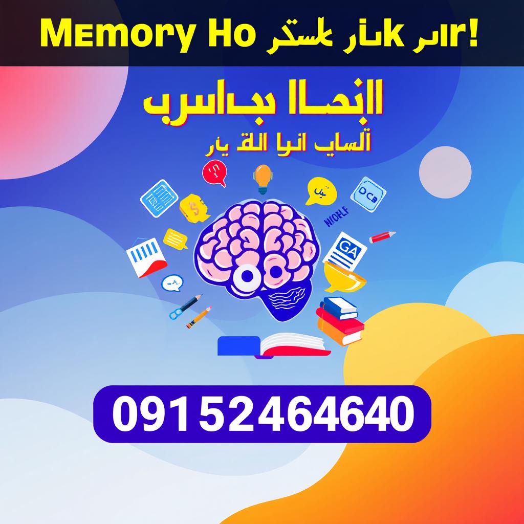 A vibrant and engaging workshop poster for a memory enhancement and intelligence workshop titled 'تقویت حافظه و هوش'