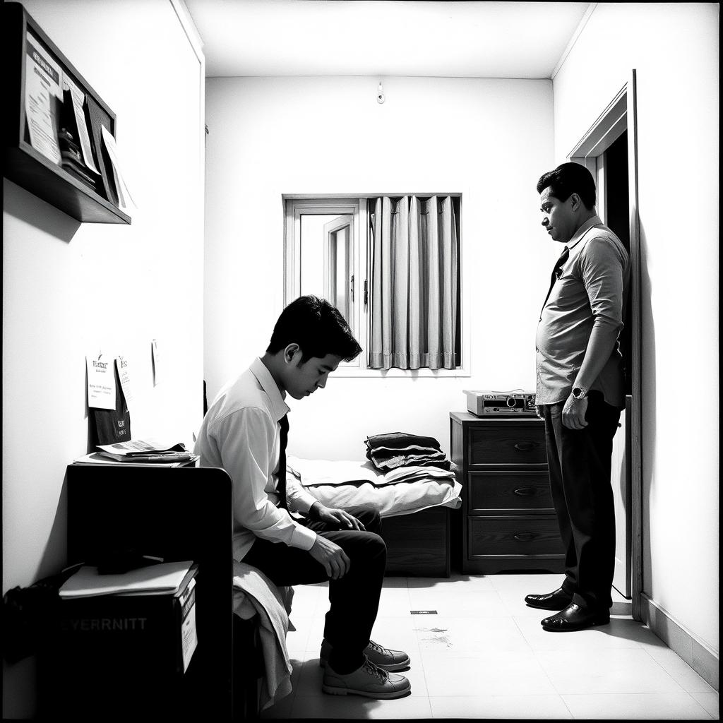 A poignant black and white scene capturing Aldi, a fresh graduate, sitting in a small, dimly lit room that reflects his financial struggles, with his head bowed in shame and embarrassment