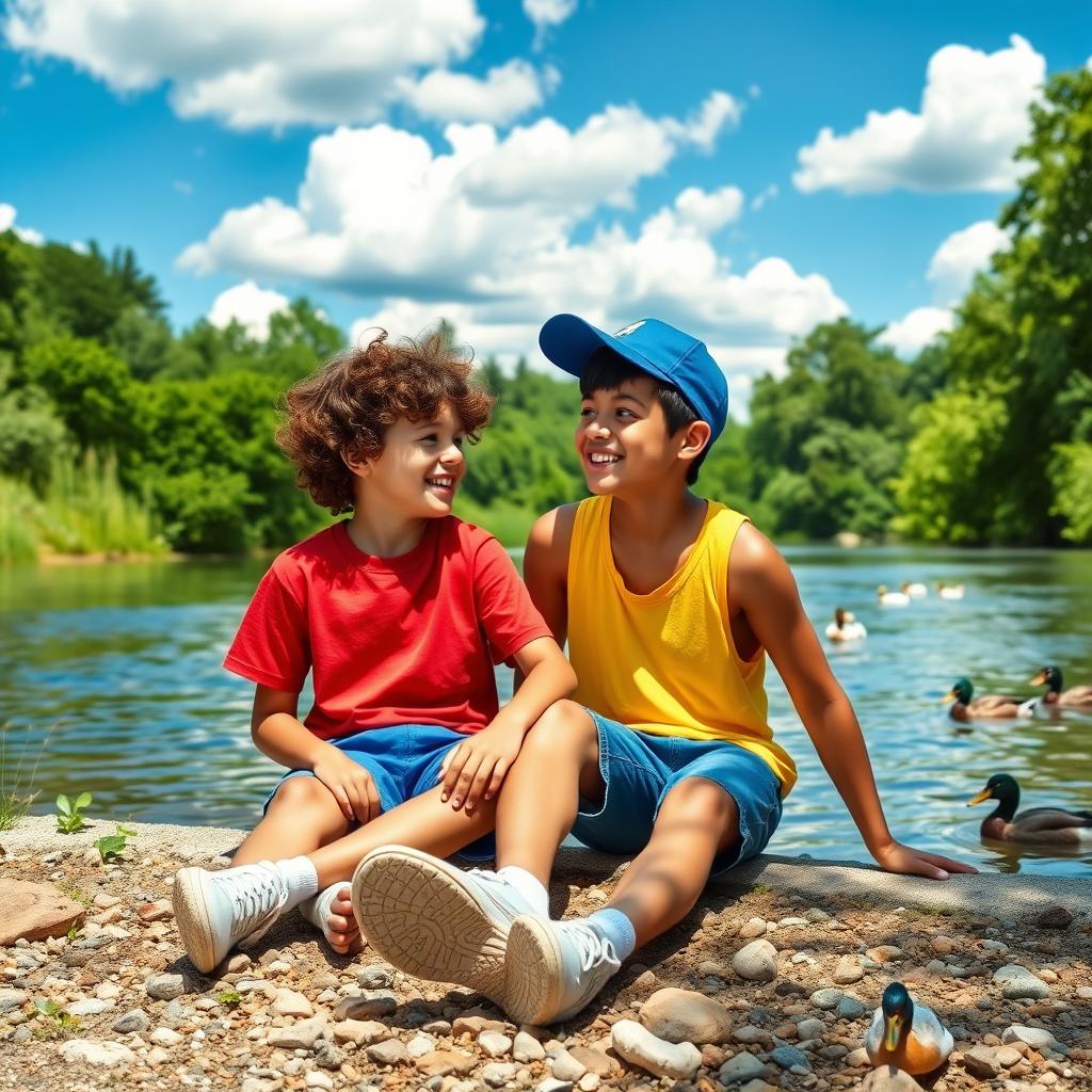 Two boy friends sitting together by a serene riverbank, surrounded by lush greenery and gentle flowing water