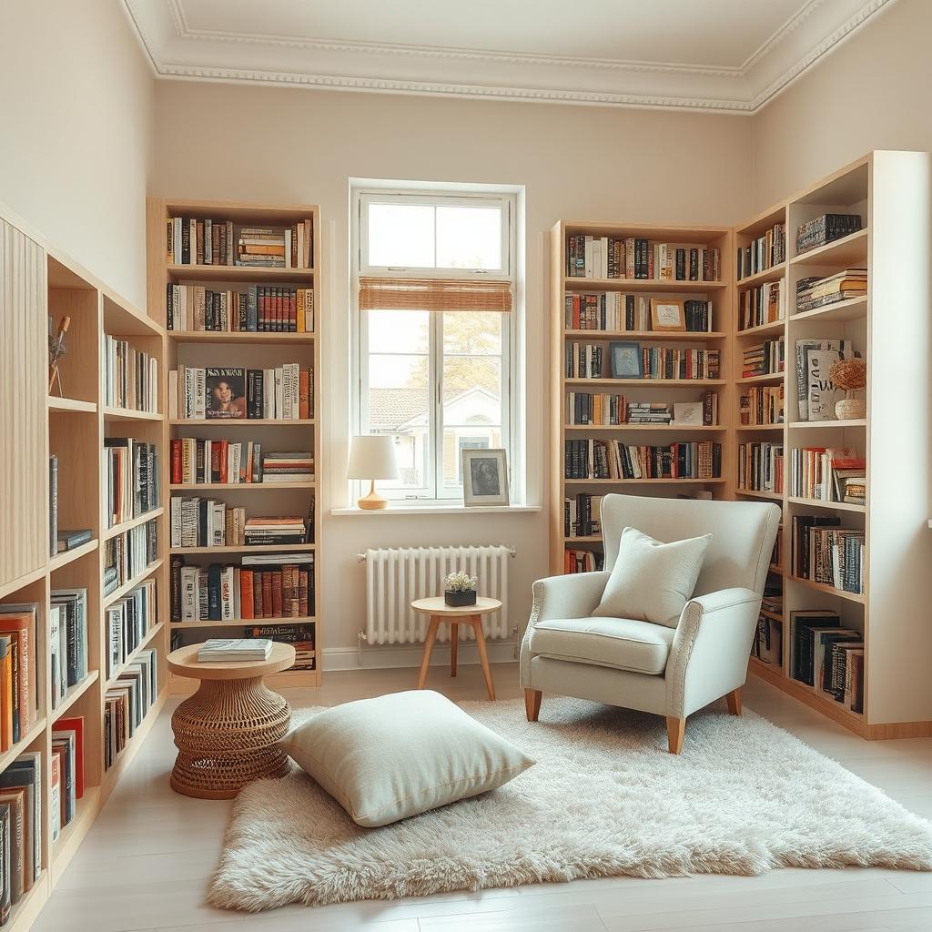 A cozy book room featuring a minimalist design, with plenty of bookshelves filled with various books