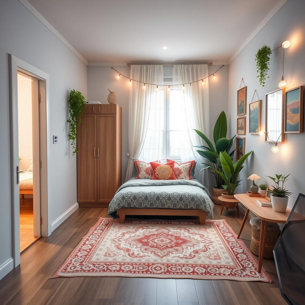 A beautifully designed small bedroom layout in a bohemian style, sized at 4x4 meters