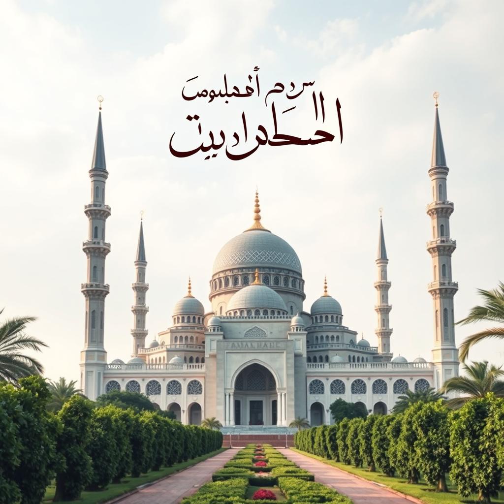 A breathtaking view of a large mosque, emphasizing its majestic dome and towering minarets, showcasing intricate patterns and beautiful Islamic architecture
