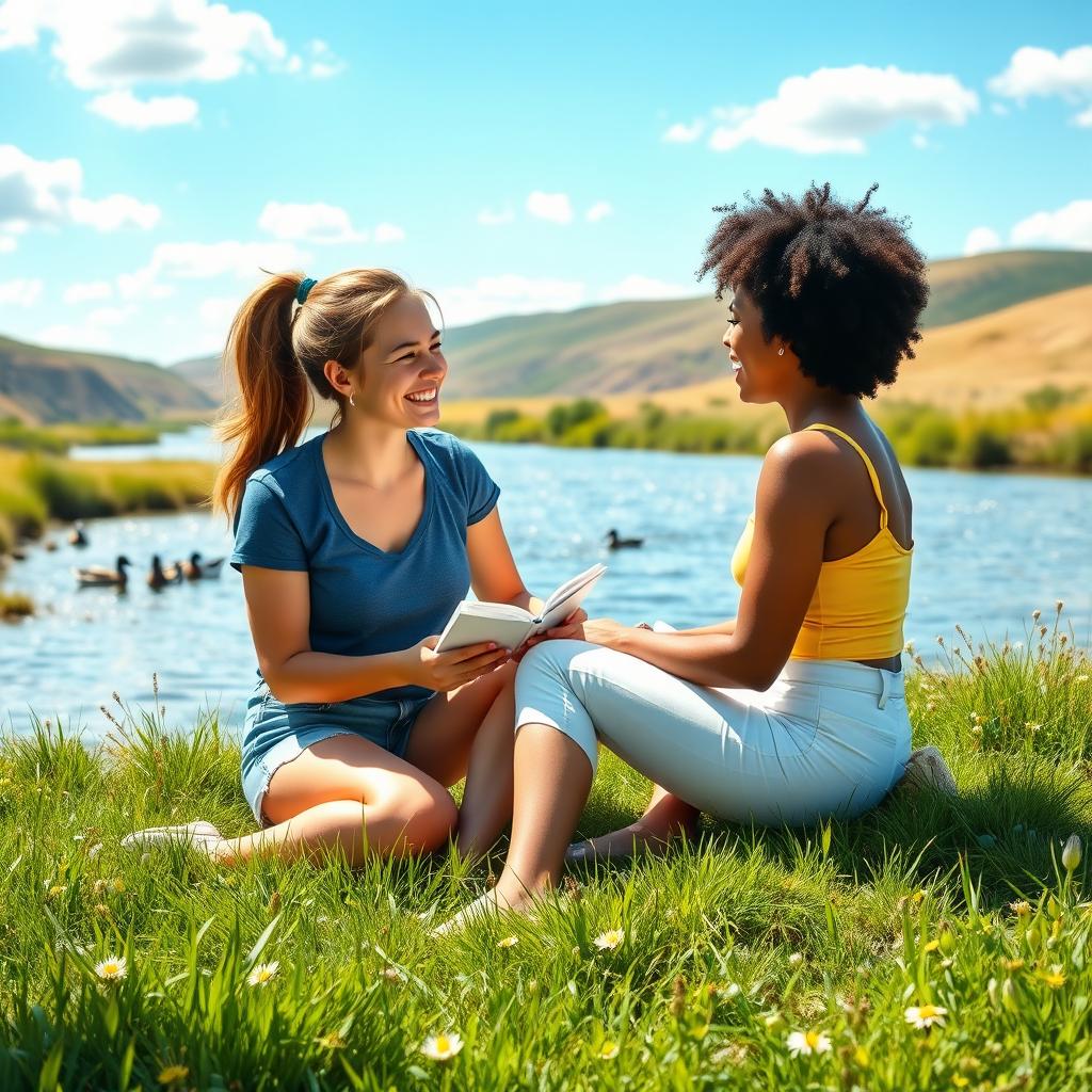 Two best friends sitting on a grassy riverbank, enjoying a sunny day