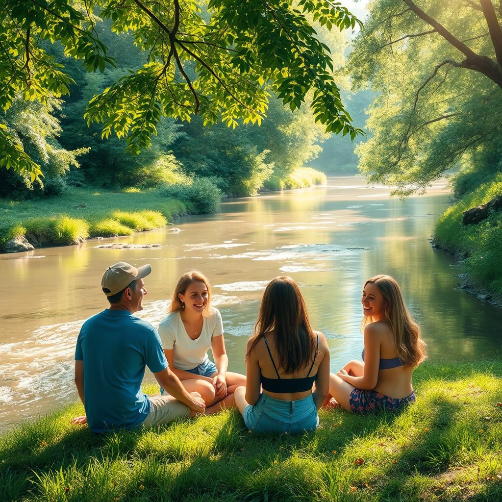 A serene scene depicting a group of friends sitting together near a gently flowing river