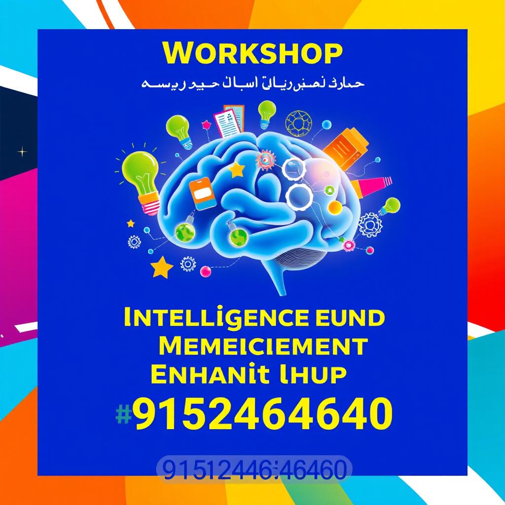 A vibrant and engaging poster design for a workshop on intelligence and memory enhancement, featuring bold text in Persian