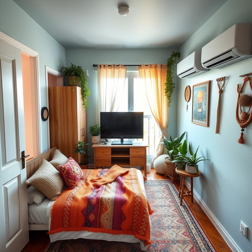 A small and cozy bedroom design in a bohemian style, measuring 4x4 meters