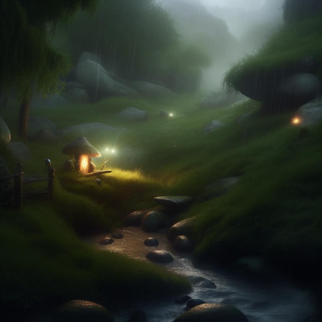 A hyper-realistic tranquil scene of a mystical hill; a mythical creature subtly hides. Sparkling lightning gently illuminate a gnome drinking from the peaceful river under soft rainfall, surrounded by lush greenery and mist.