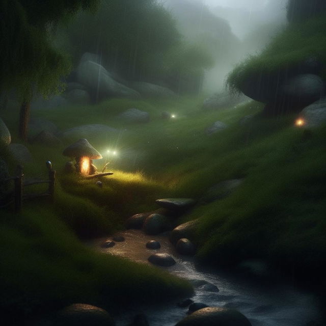 A hyper-realistic tranquil scene of a mystical hill; a mythical creature subtly hides. Sparkling lightning gently illuminate a gnome drinking from the peaceful river under soft rainfall, surrounded by lush greenery and mist.